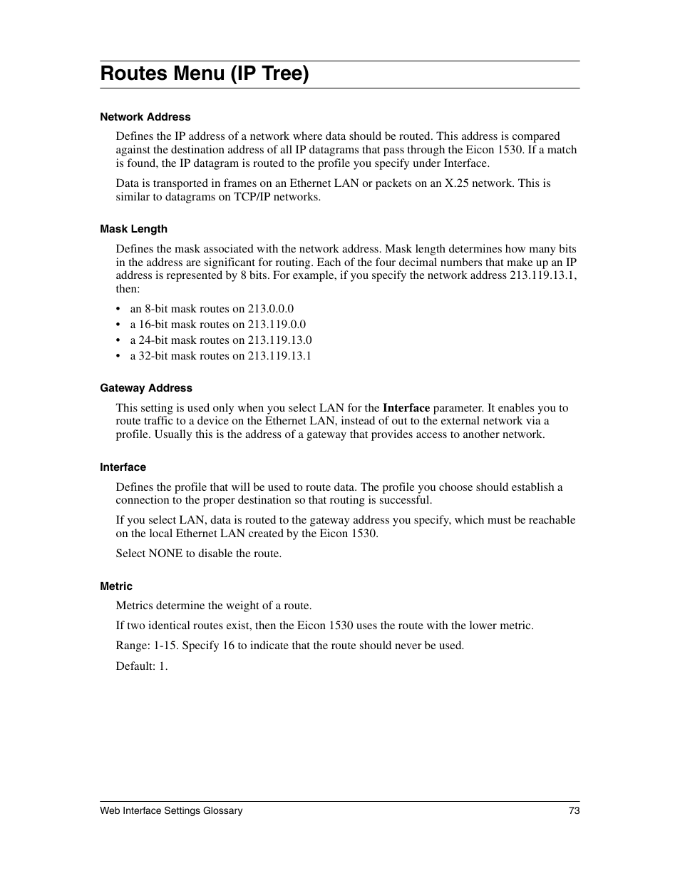 Routes menu (ip tree) | Eicon Networks 1530 User Manual | Page 73 / 162