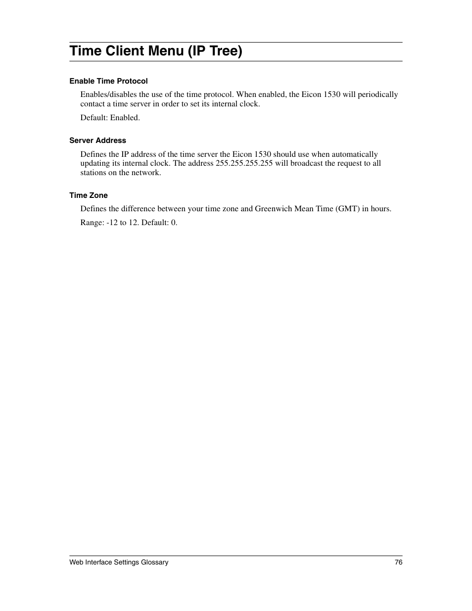 Time client menu (ip tree) | Eicon Networks 1530 User Manual | Page 76 / 162