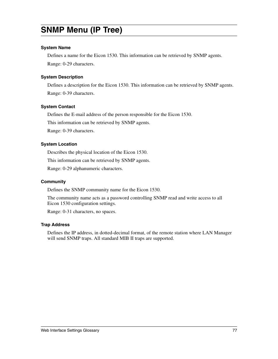 Snmp menu (ip tree) | Eicon Networks 1530 User Manual | Page 77 / 162