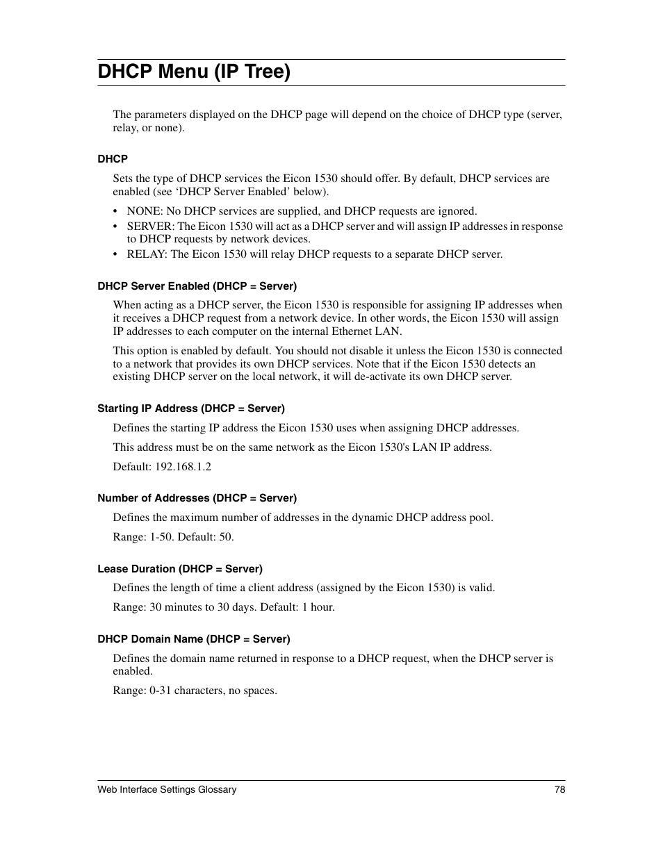 Dhcp menu (ip tree) | Eicon Networks 1530 User Manual | Page 78 / 162