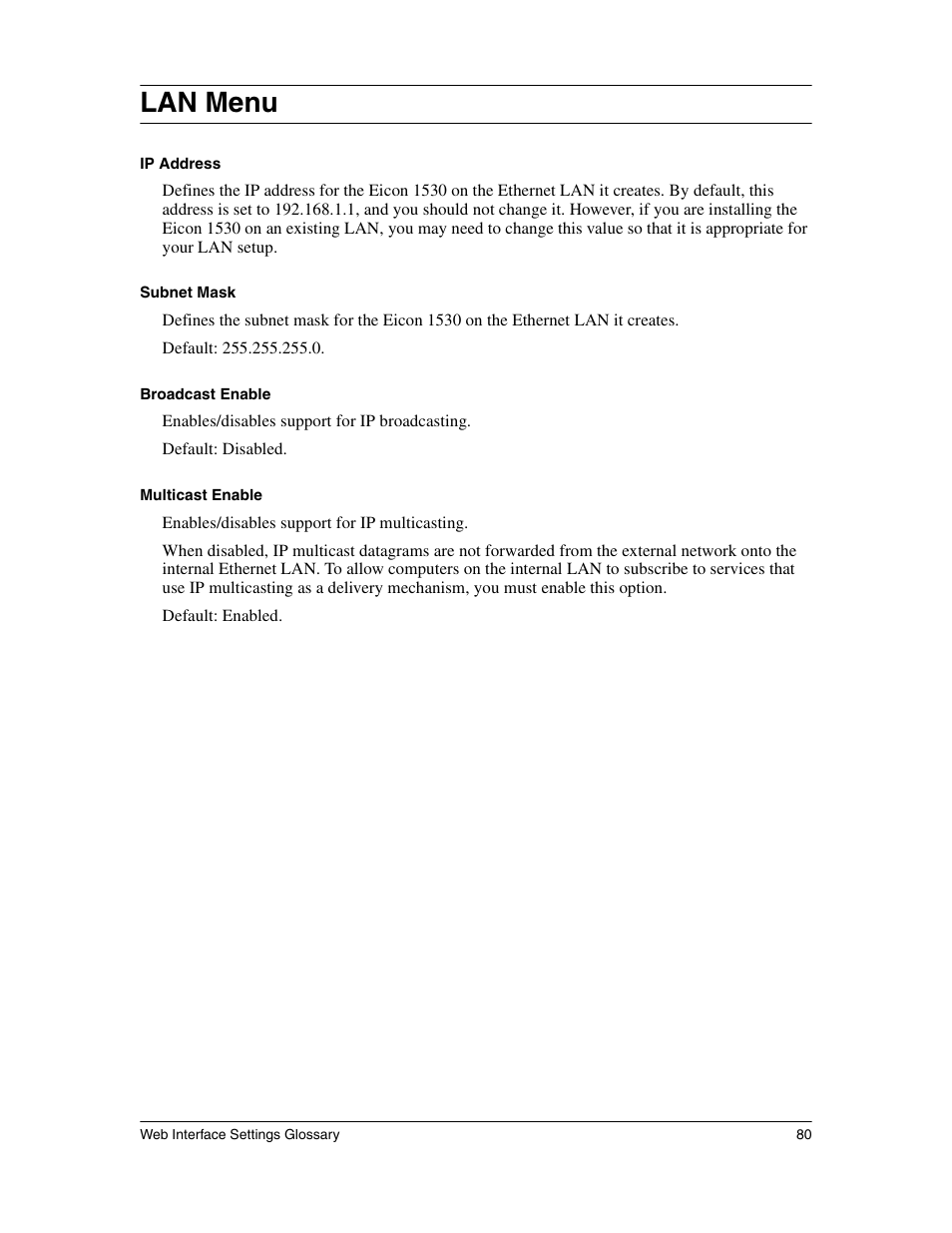 Lan menu | Eicon Networks 1530 User Manual | Page 80 / 162