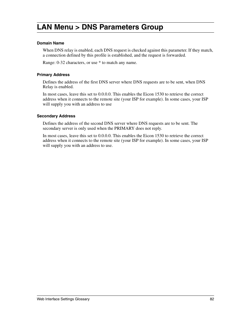 Lan menu > dns parameters group | Eicon Networks 1530 User Manual | Page 82 / 162