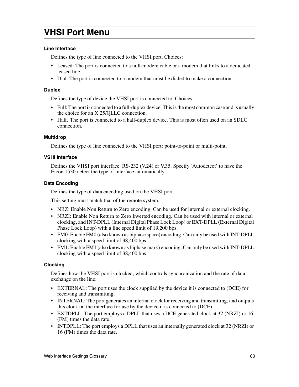 Vhsi port menu | Eicon Networks 1530 User Manual | Page 83 / 162