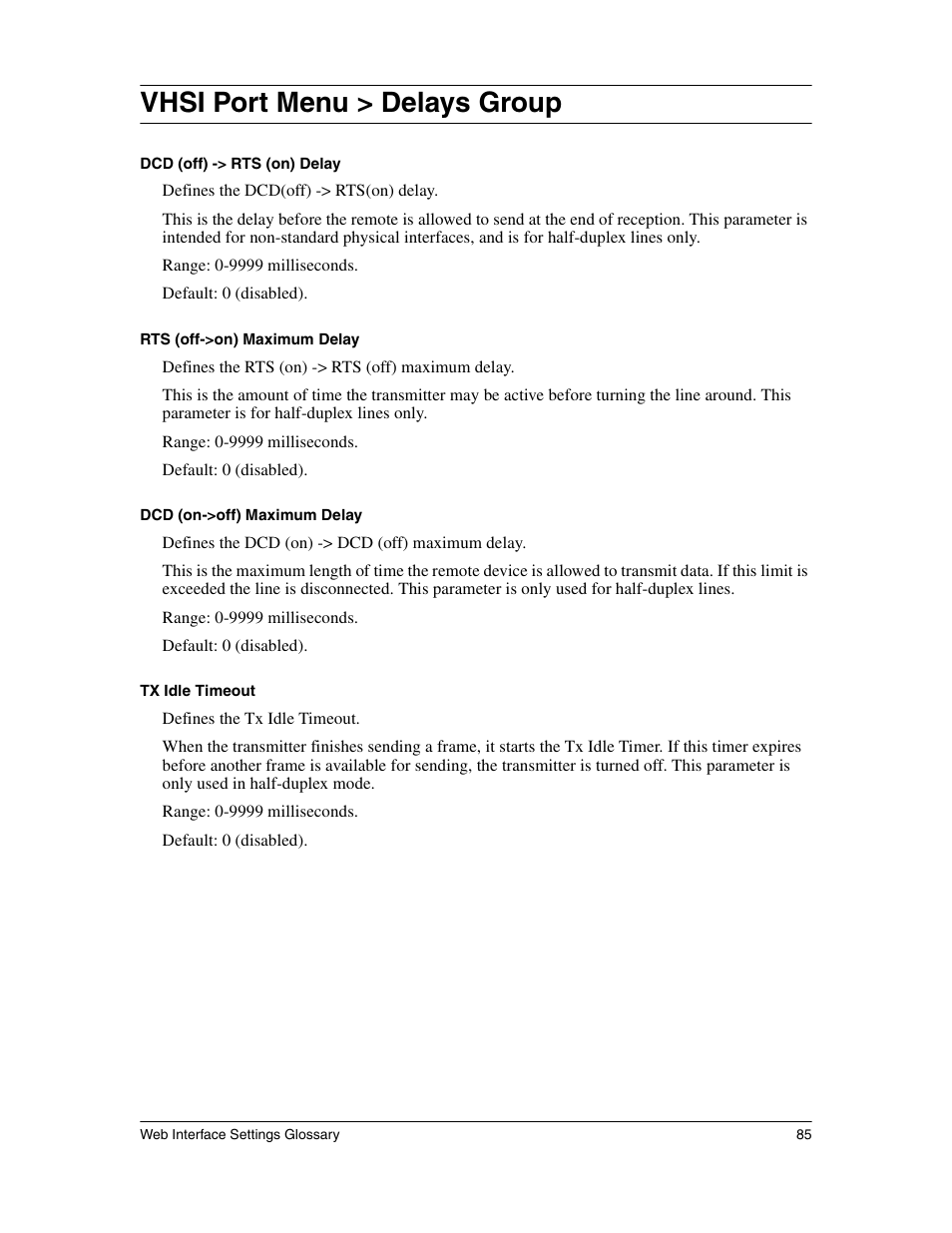 Vhsi port menu > delays group | Eicon Networks 1530 User Manual | Page 85 / 162