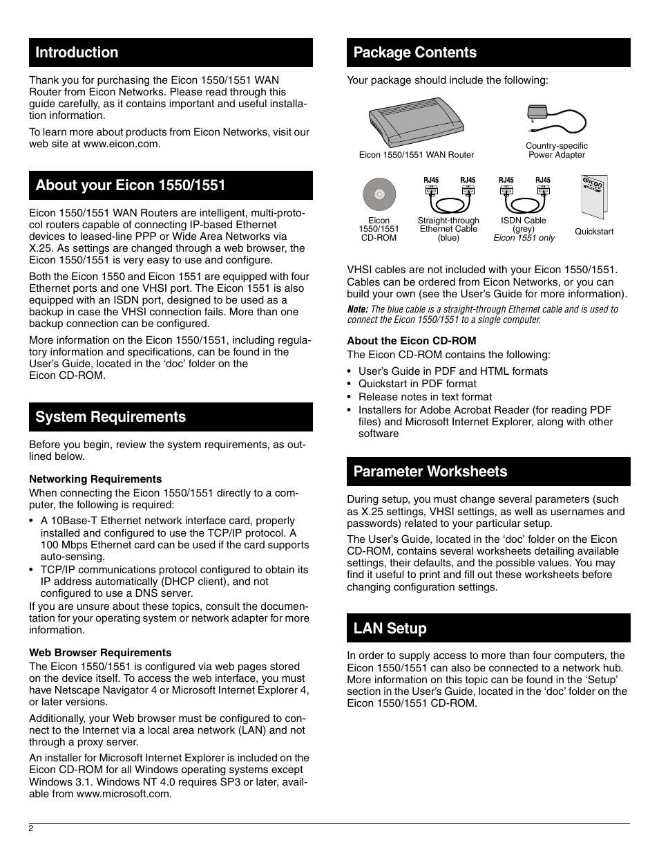 Parameter worksheets lan setup | Eicon Networks 1551 User Manual | Page 2 / 8