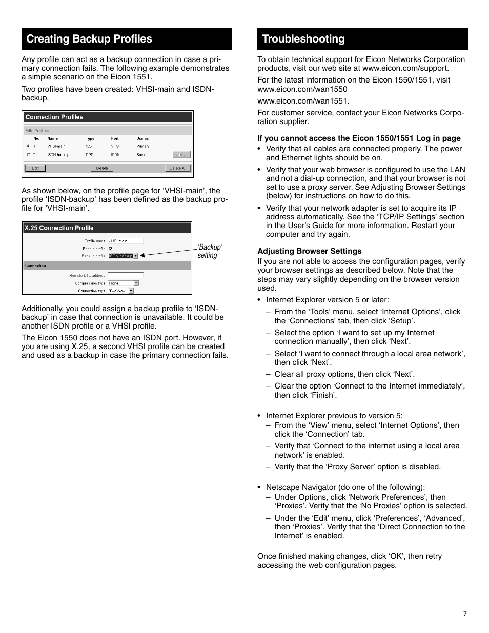 Creating backup profiles, Troubleshooting | Eicon Networks 1551 User Manual | Page 7 / 8