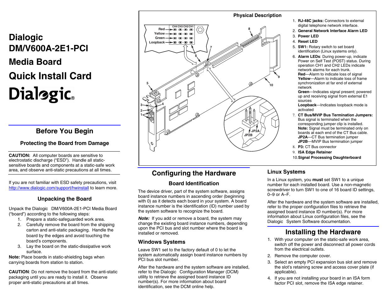 Eicon Networks Dialogic 64-0074-02 User Manual | 2 pages