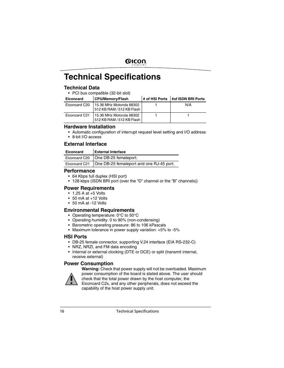 Technical specifications | Eicon Networks C2x Family User Manual | Page 16 / 24