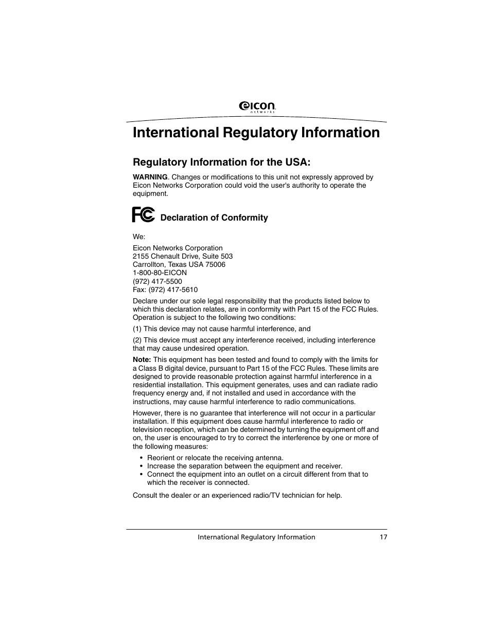 International regulatory information, Regulatory information for the usa | Eicon Networks C2x Family User Manual | Page 17 / 24