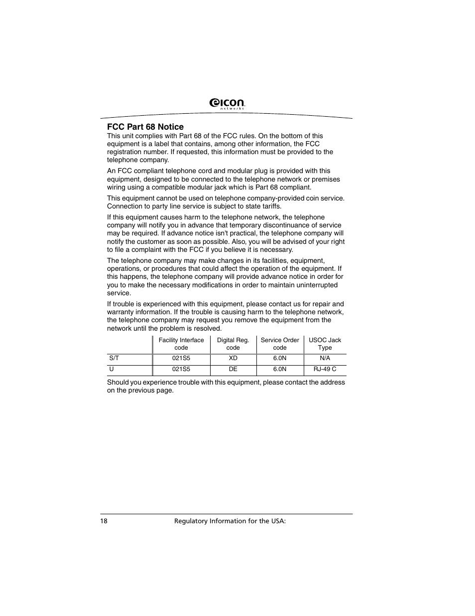 Fcc part 68 notice | Eicon Networks C2x Family User Manual | Page 18 / 24