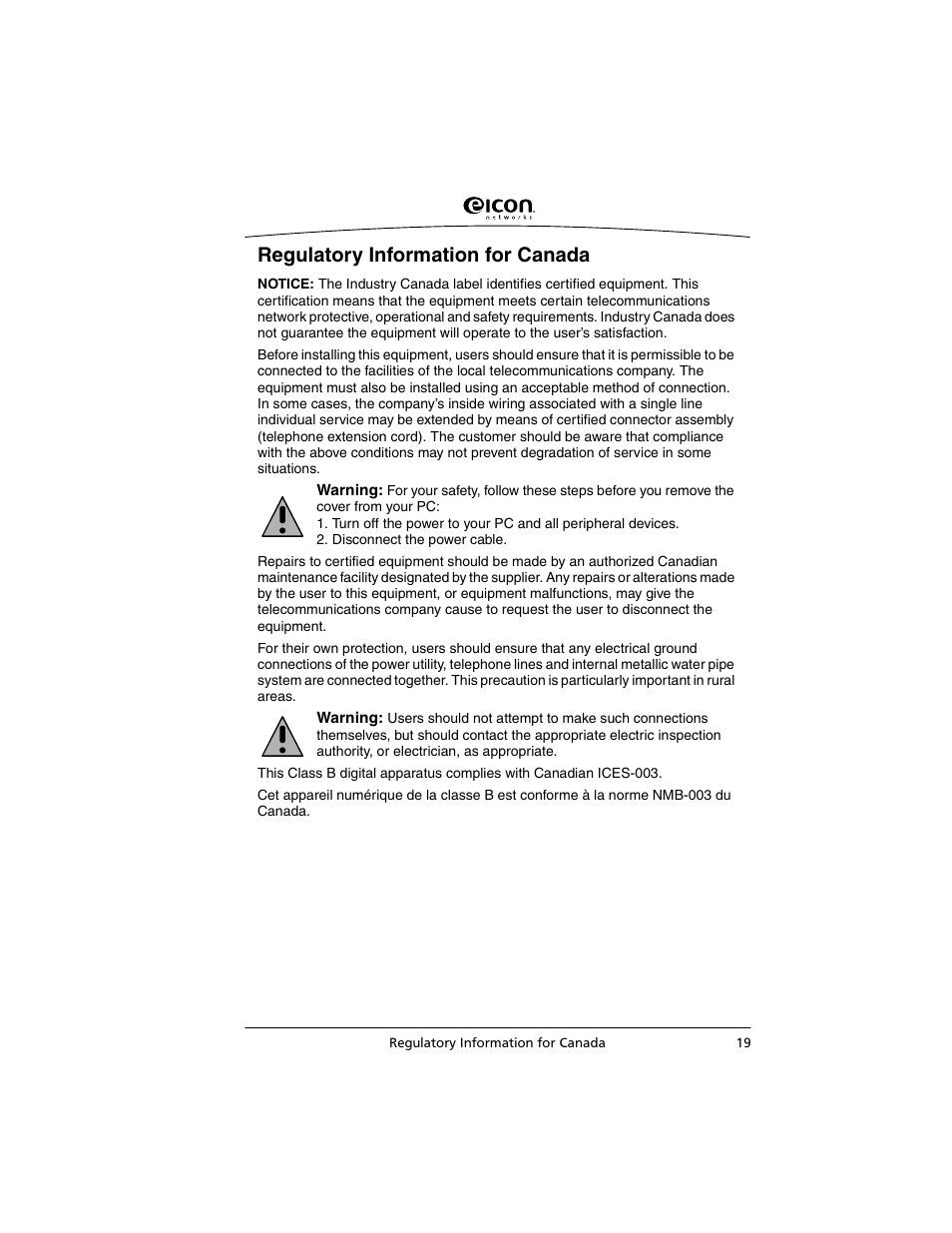 Regulatory information for canada | Eicon Networks C2x Family User Manual | Page 19 / 24