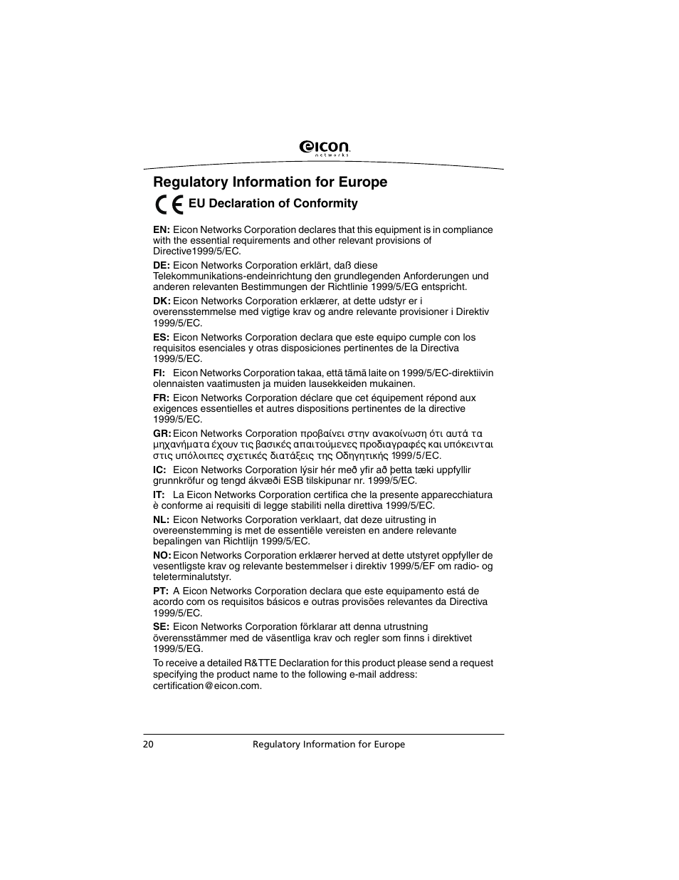 Regulatory information for europe | Eicon Networks C2x Family User Manual | Page 20 / 24