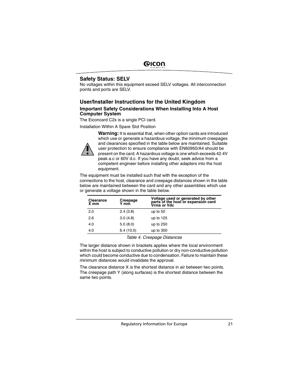 Safety status: selv, User/installer instructions for the united kingdom | Eicon Networks C2x Family User Manual | Page 21 / 24