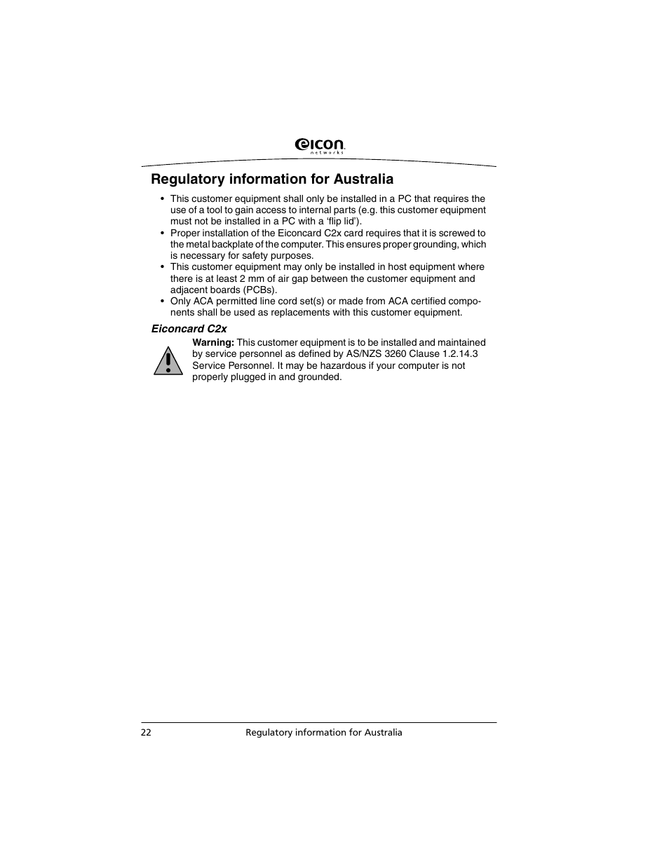 Regulatory information for australia | Eicon Networks C2x Family User Manual | Page 22 / 24
