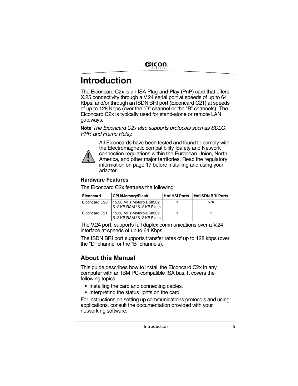 Introduction, About this manual | Eicon Networks C2x Family User Manual | Page 5 / 24
