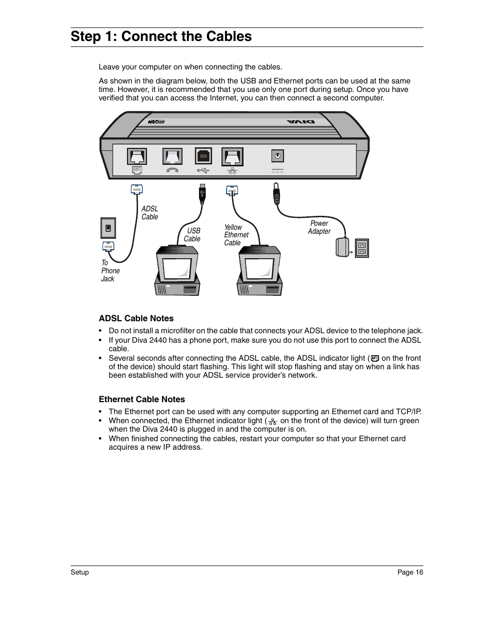 Step 1: connect the cables | Eicon Networks Diva 2440 User Manual | Page 16 / 94