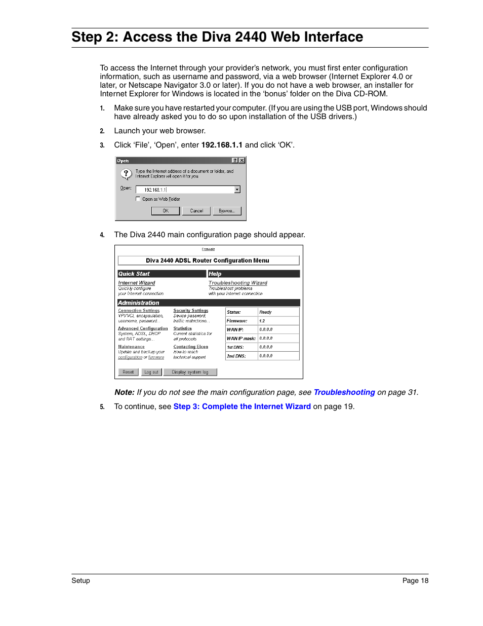 Step 2: access the diva2440 web interface, Step 2: access the diva 2440 web interface | Eicon Networks Diva 2440 User Manual | Page 18 / 94