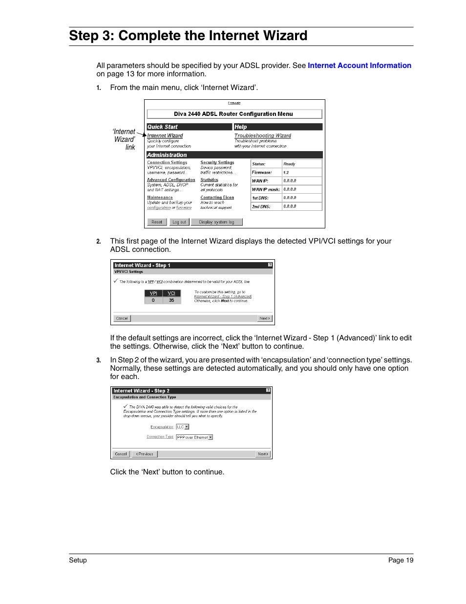 Step 3: complete the internet wizard | Eicon Networks Diva 2440 User Manual | Page 19 / 94