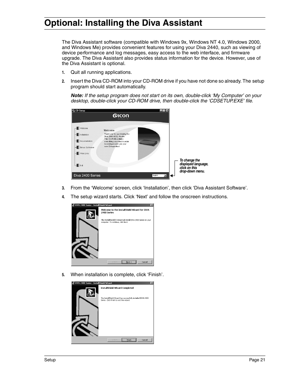 Optional: installing the diva assistant | Eicon Networks Diva 2440 User Manual | Page 21 / 94