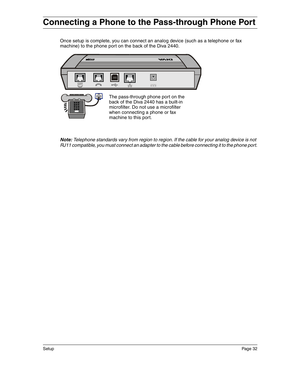 Connecting a phone to the pass-through phone port | Eicon Networks Diva 2440 User Manual | Page 32 / 94