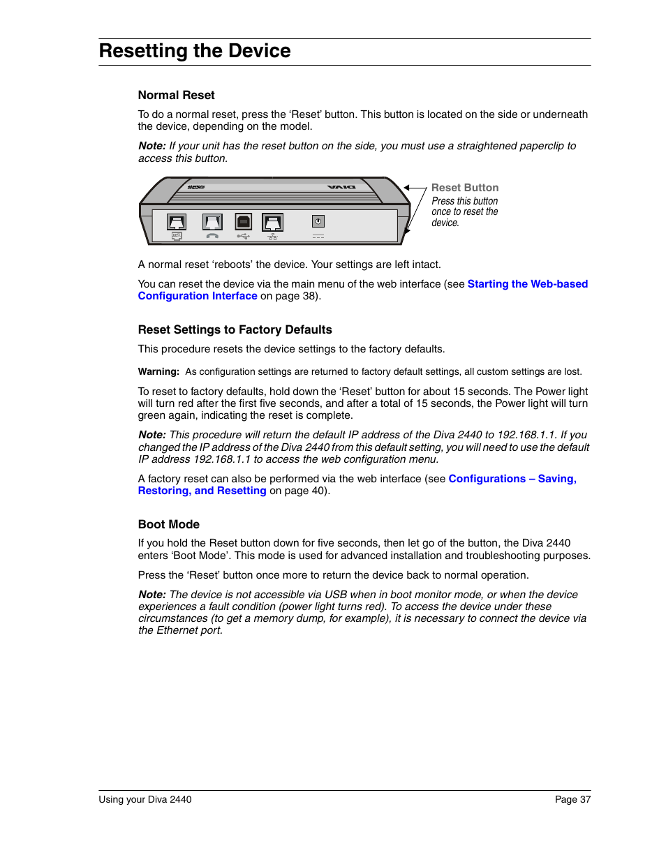 Resetting the device | Eicon Networks Diva 2440 User Manual | Page 37 / 94