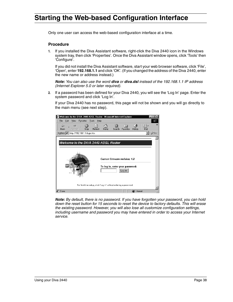 Starting the web-based configuration interface, Starting the web-based, Configuration interface | Eicon Networks Diva 2440 User Manual | Page 38 / 94