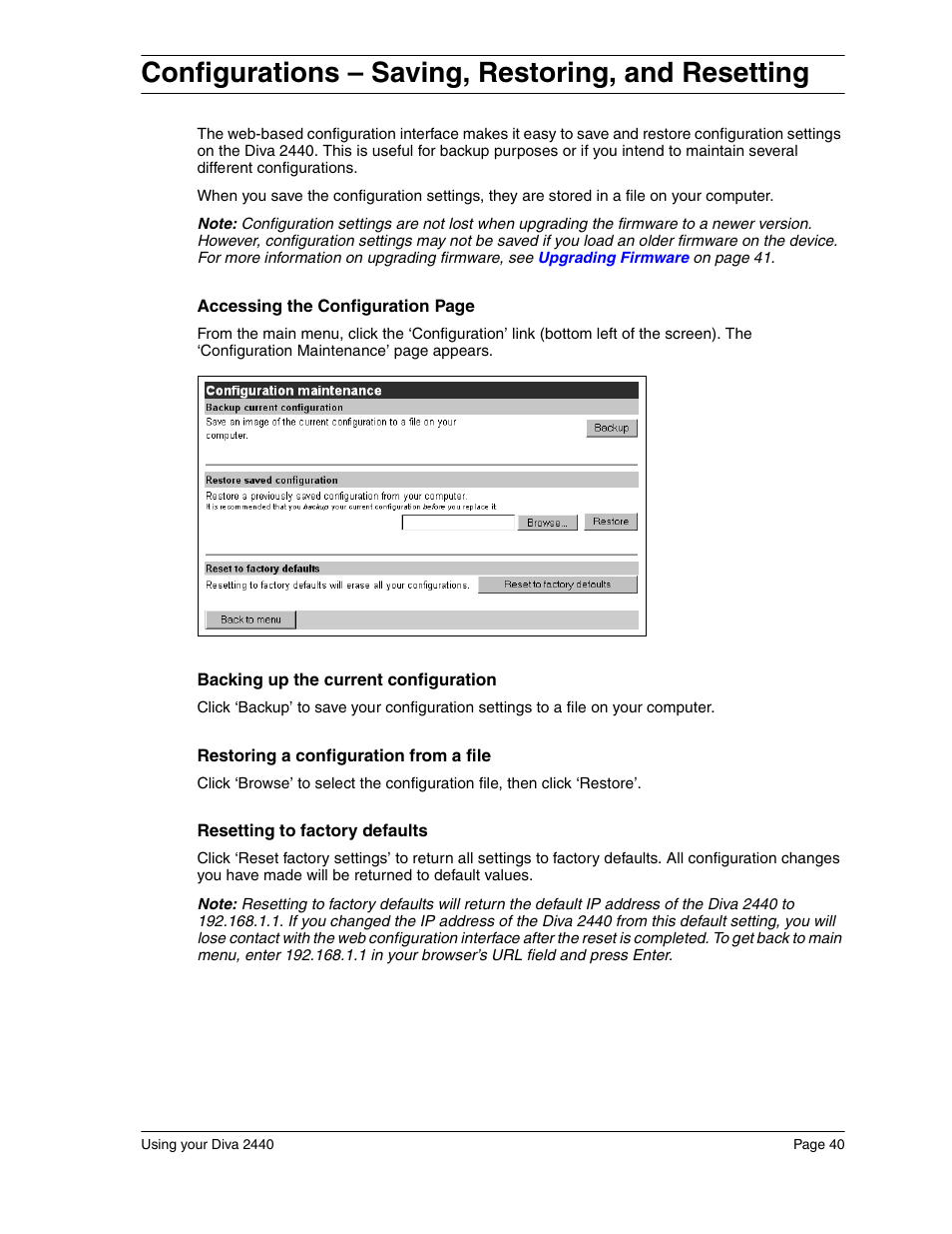 Configurations – saving, restoring, and resetting, Configurations – saving, Restoring, and resetting | Eicon Networks Diva 2440 User Manual | Page 40 / 94