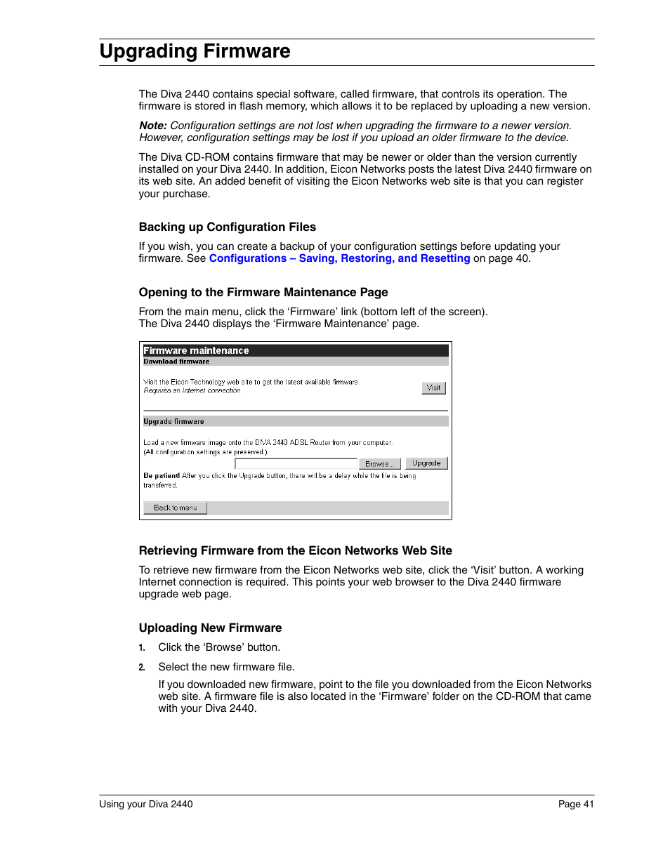 Upgrading firmware | Eicon Networks Diva 2440 User Manual | Page 41 / 94