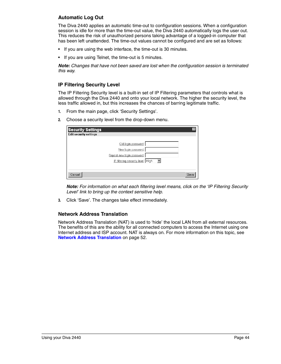 Automatic log out, Ip filtering security level, Network address translation | Eicon Networks Diva 2440 User Manual | Page 44 / 94