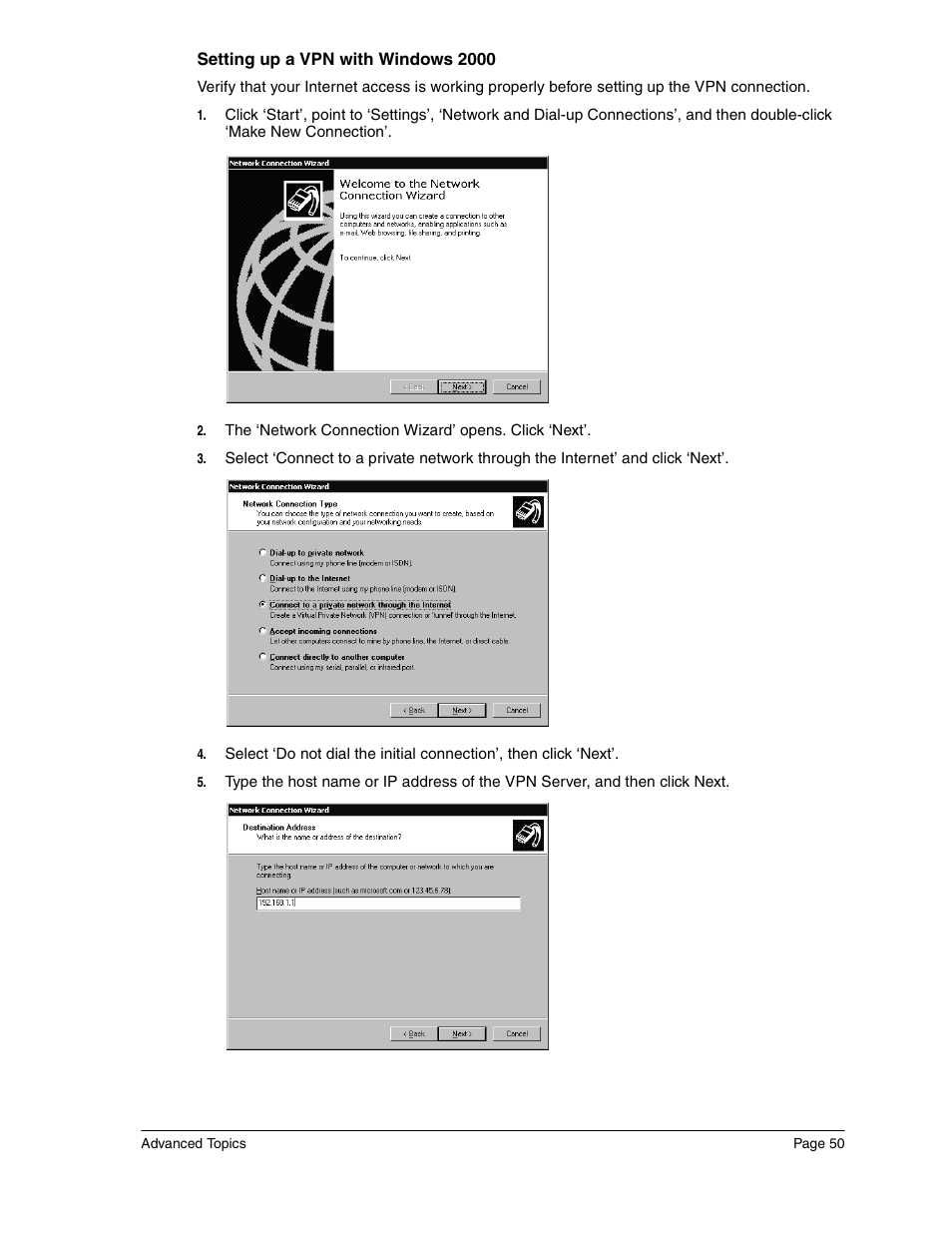Setting up a vpn with windows 2000 | Eicon Networks Diva 2440 User Manual | Page 50 / 94