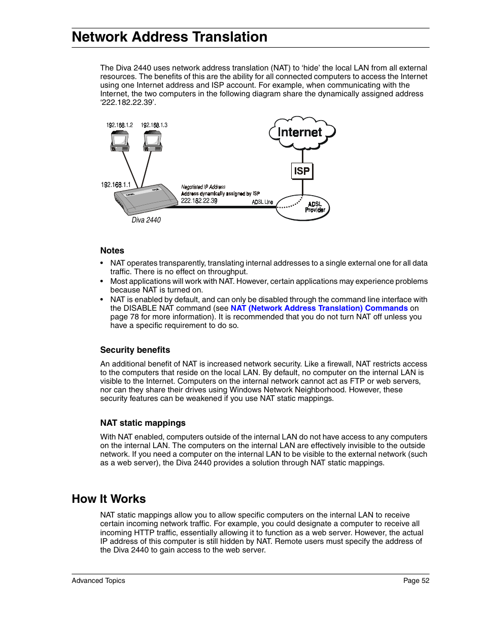 Network address translation, How it works | Eicon Networks Diva 2440 User Manual | Page 52 / 94