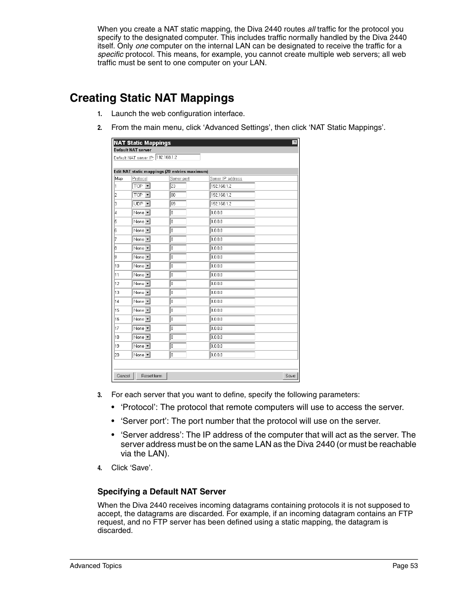 Creating static nat mappings | Eicon Networks Diva 2440 User Manual | Page 53 / 94