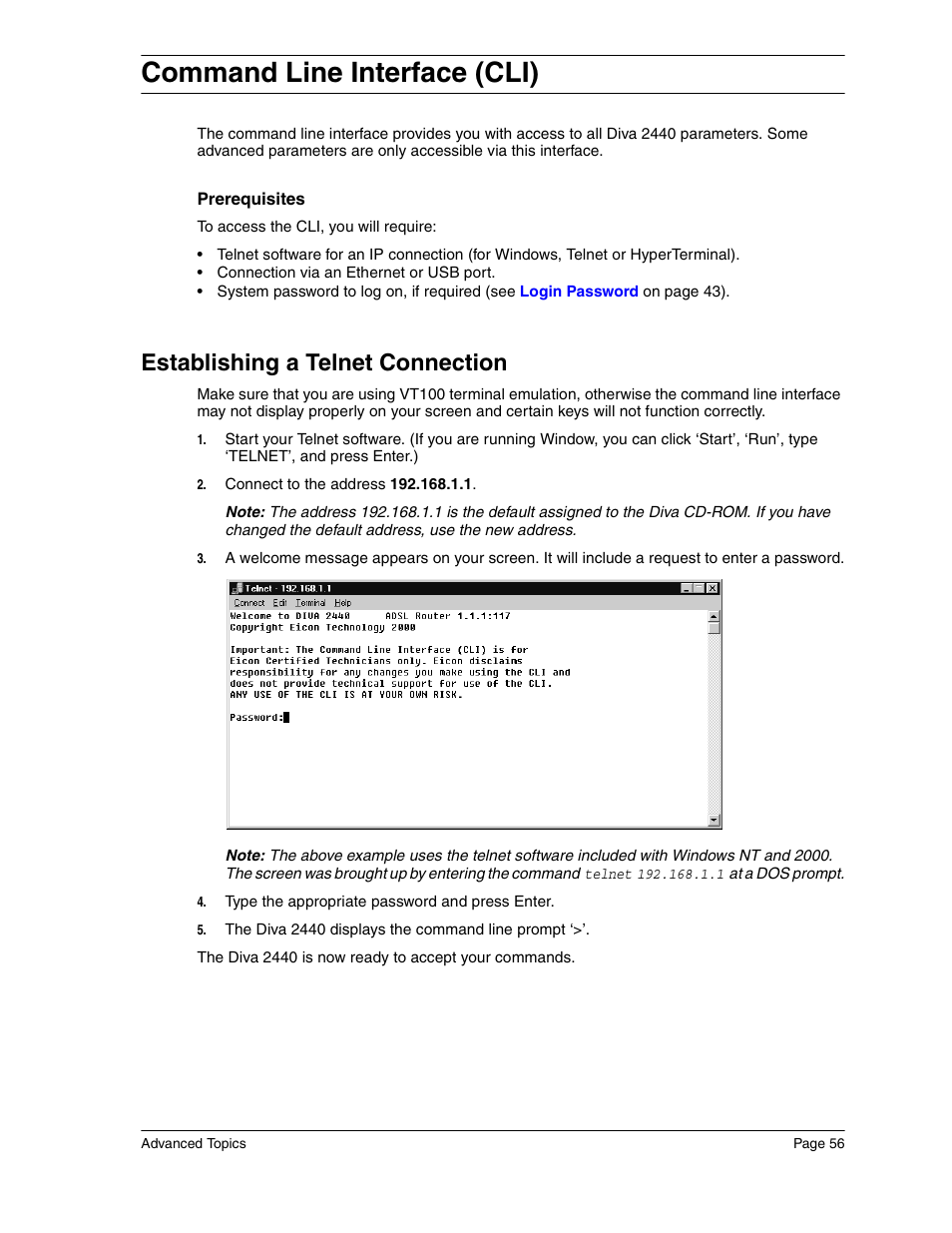 Command line interface (cli), Establishing a telnet connection | Eicon Networks Diva 2440 User Manual | Page 56 / 94