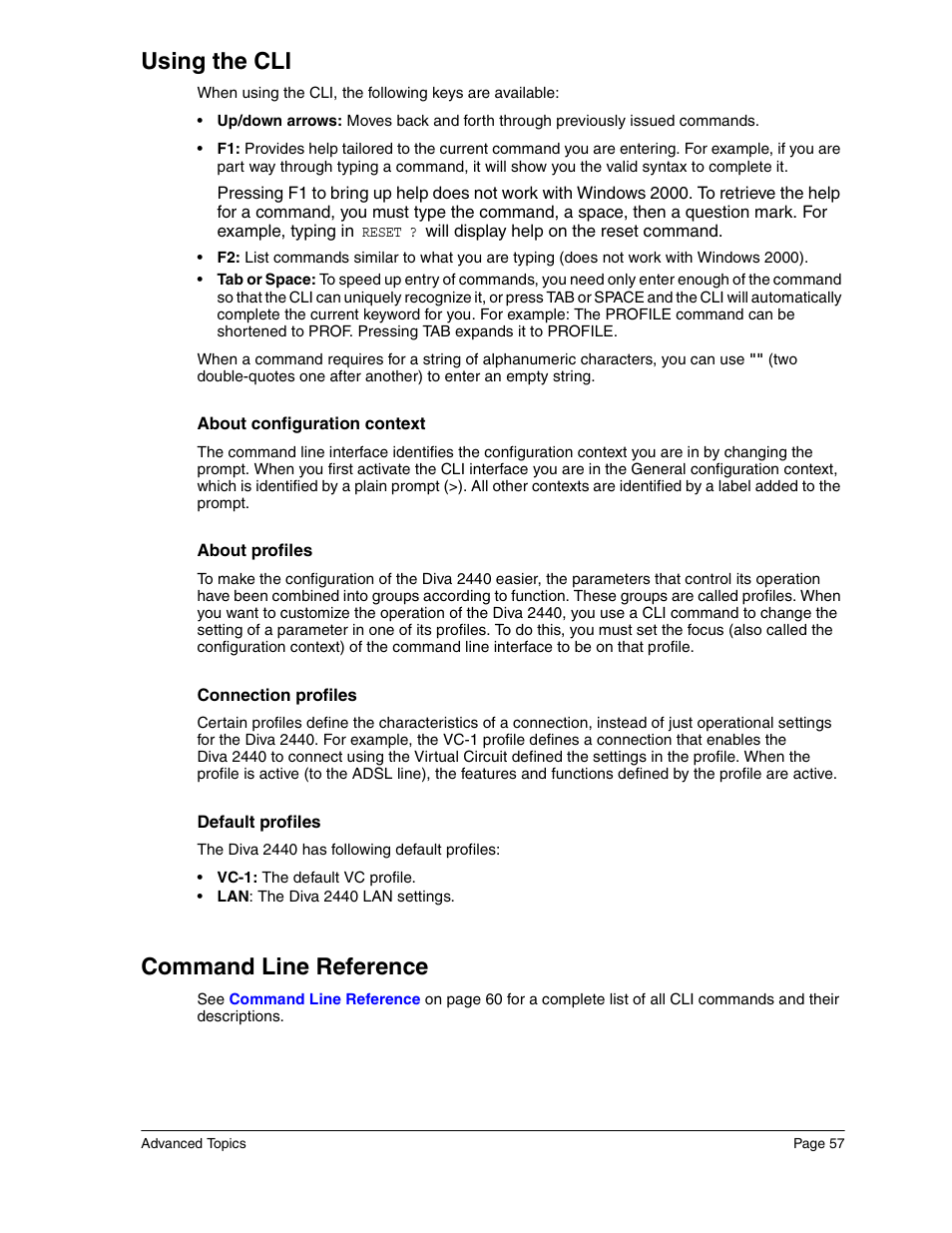 Using the cli, Command line reference | Eicon Networks Diva 2440 User Manual | Page 57 / 94