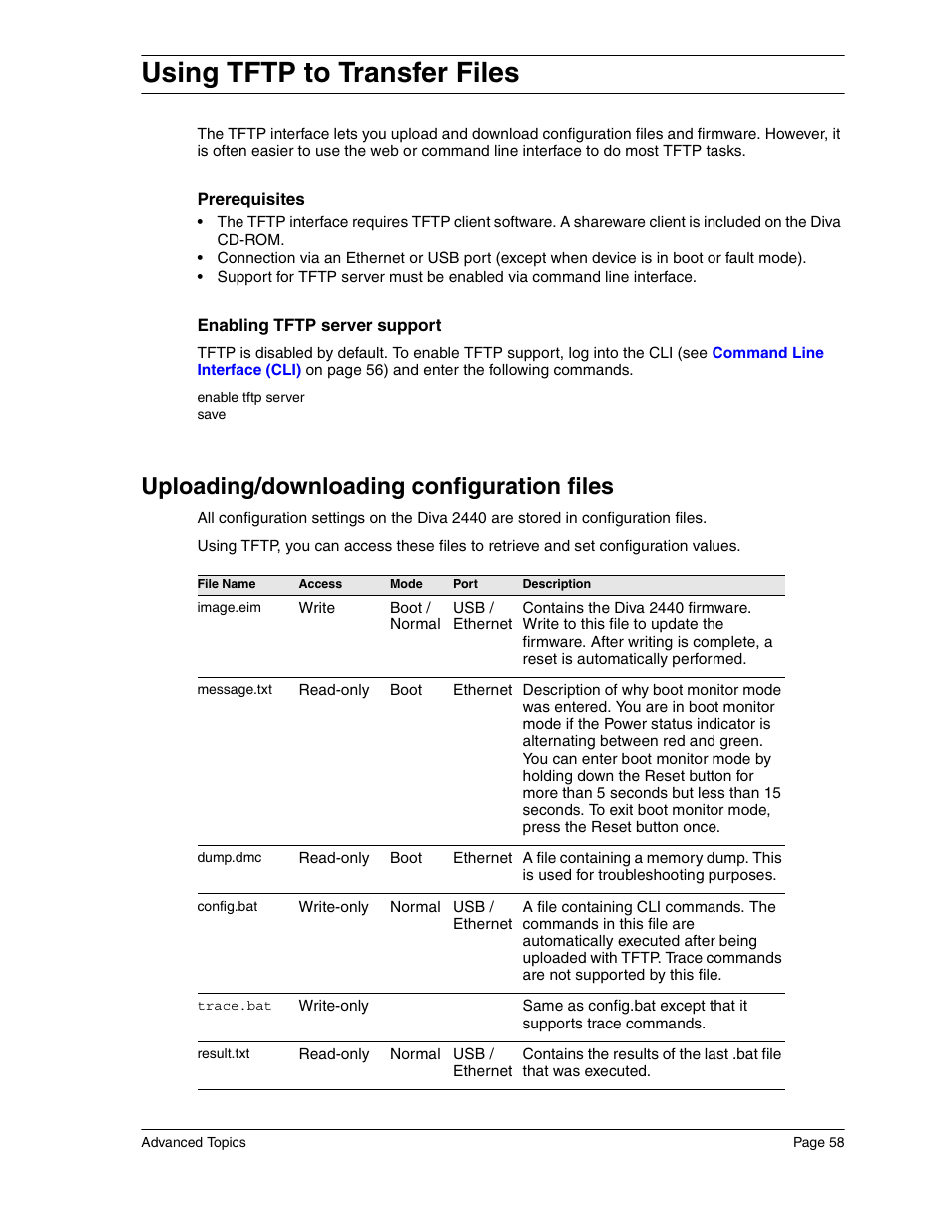 Using tftp to transfer files, Uploading/downloading configuration files | Eicon Networks Diva 2440 User Manual | Page 58 / 94