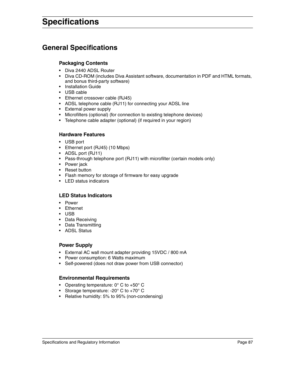 Specifications, General specifications | Eicon Networks Diva 2440 User Manual | Page 87 / 94
