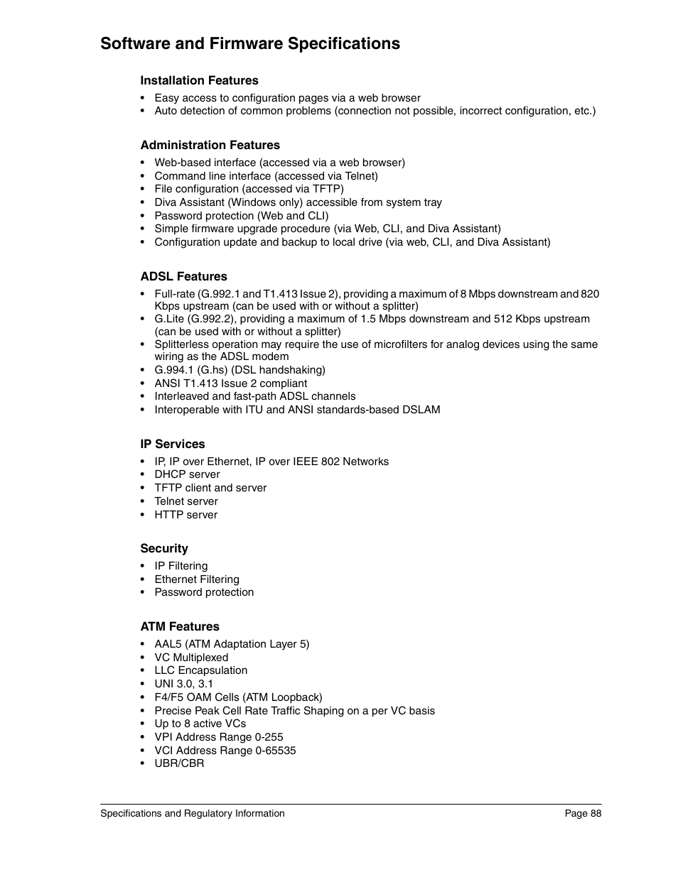Software and firmware specifications | Eicon Networks Diva 2440 User Manual | Page 88 / 94