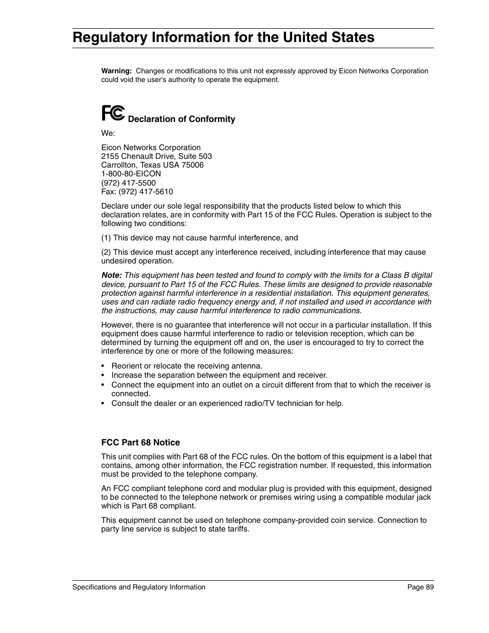 Regulatory information for the united states | Eicon Networks Diva 2440 User Manual | Page 89 / 94