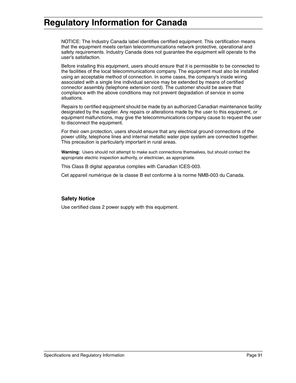 Regulatory information for canada | Eicon Networks Diva 2440 User Manual | Page 91 / 94
