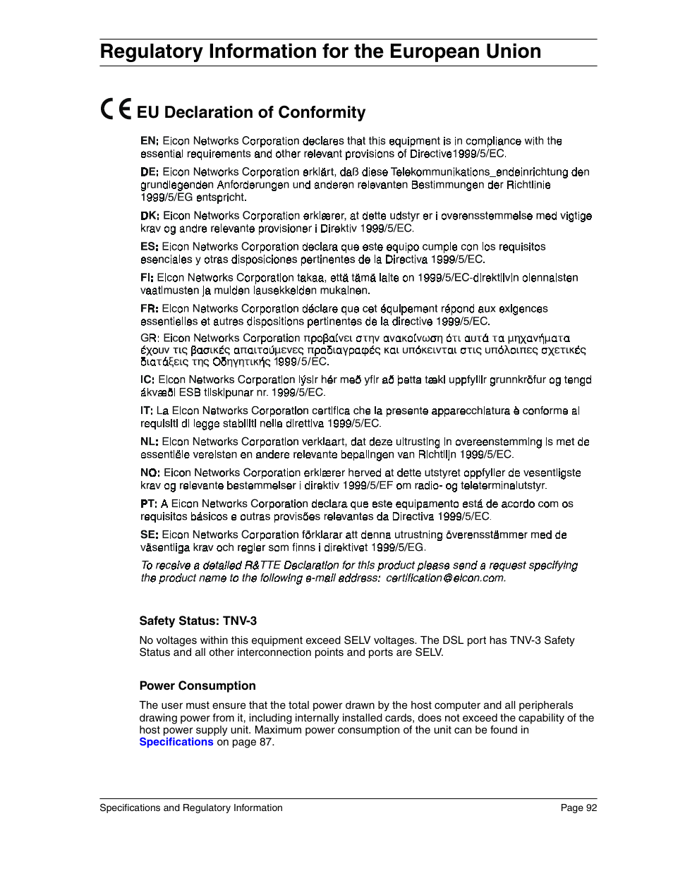 Regulatory information for the european union, Eu declaration of conformity | Eicon Networks Diva 2440 User Manual | Page 92 / 94