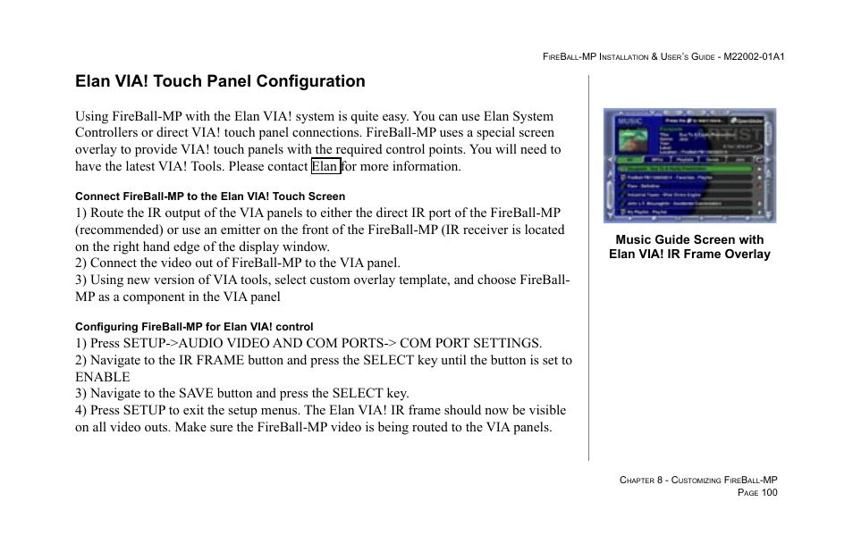 Elan via! touch panel configuration, Music guide screen with elan via! ir frame overlay | Escient MP-100 User Manual | Page 100 / 161