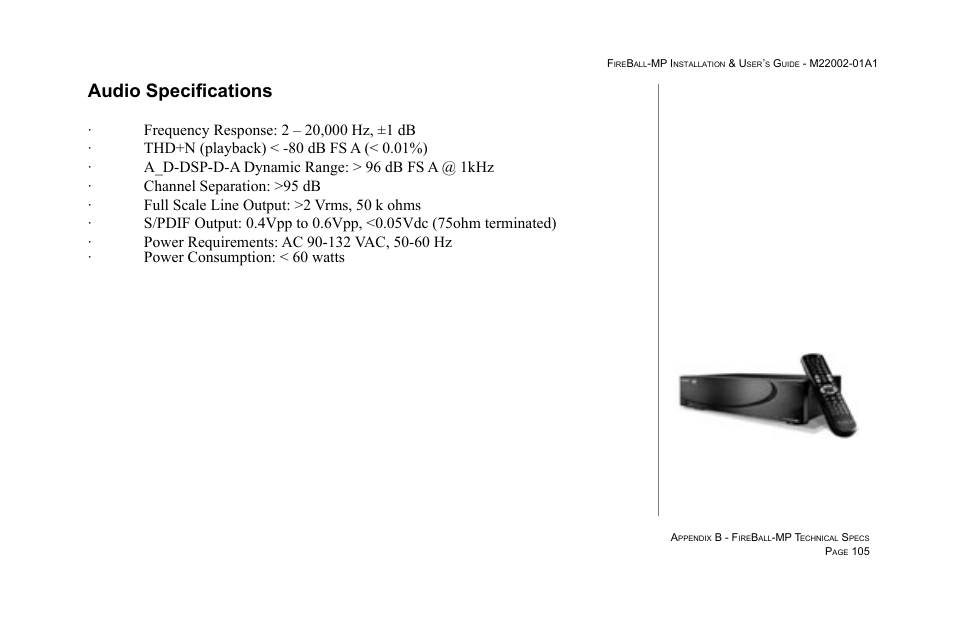 Audio specifications | Escient MP-100 User Manual | Page 105 / 161