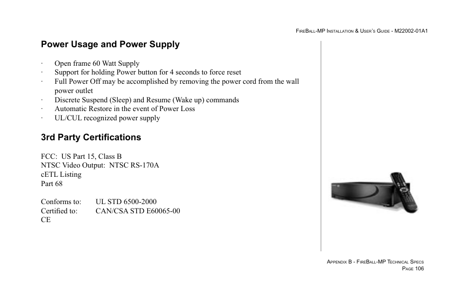 Power usage and power supply, 106 3rd party certifications, 3rd party certifications | Escient MP-100 User Manual | Page 106 / 161