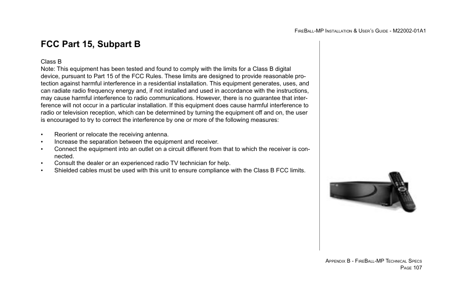 Fcc part 15, subpart b | Escient MP-100 User Manual | Page 107 / 161