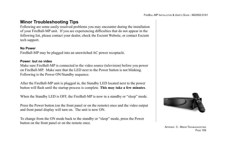 Minor troubleshooting tips | Escient MP-100 User Manual | Page 109 / 161