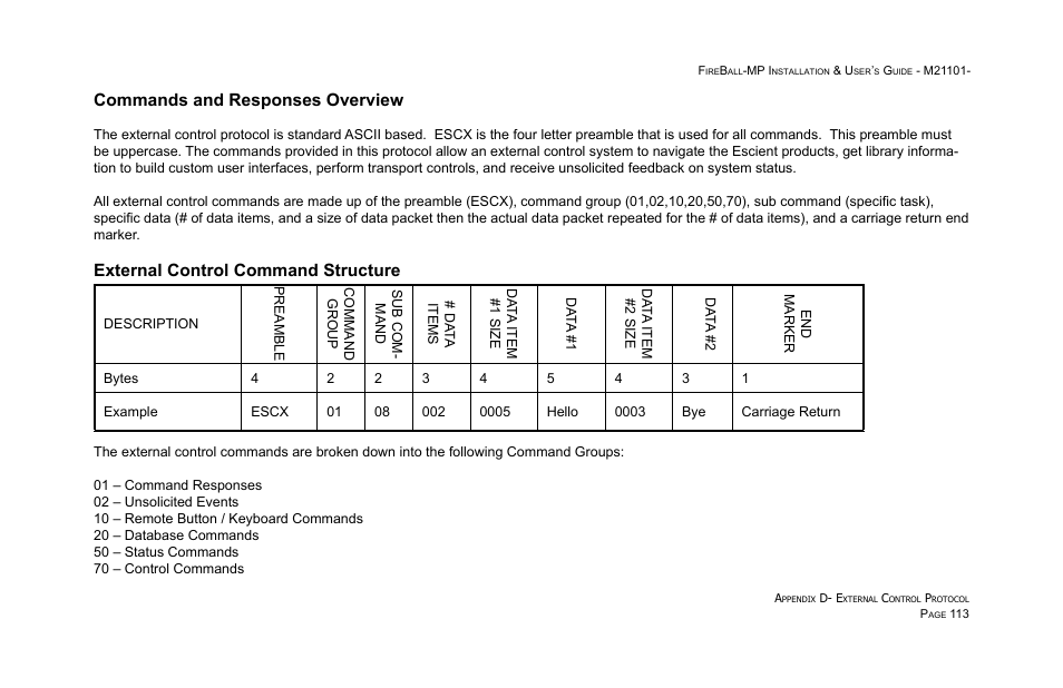 Commands and responses overview, External control command structure | Escient MP-100 User Manual | Page 113 / 161