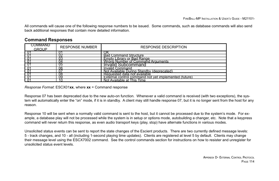 Command responses, Invalid subcommand | Escient MP-100 User Manual | Page 114 / 161