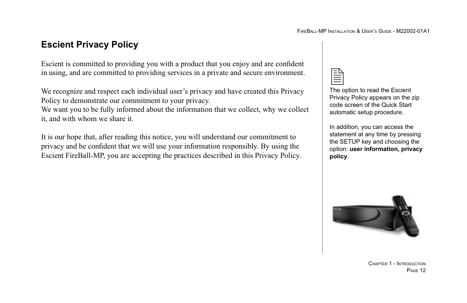 Escient privacy policy | Escient MP-100 User Manual | Page 12 / 161
