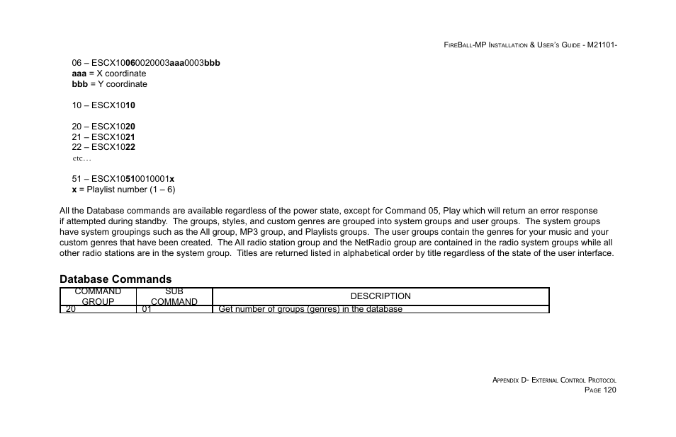 Database commands | Escient MP-100 User Manual | Page 120 / 161