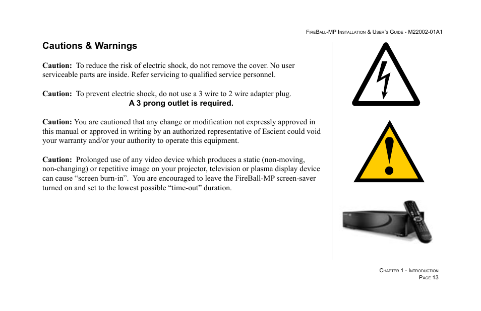 Cautions & warnings | Escient MP-100 User Manual | Page 13 / 161